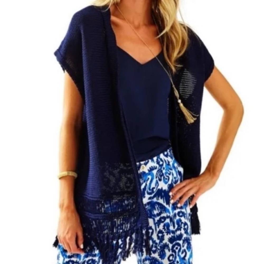 Lilly Pulitzer Bedford Fringe Cardigan Sz S/M Open Front Boho Tassel Knit Vest